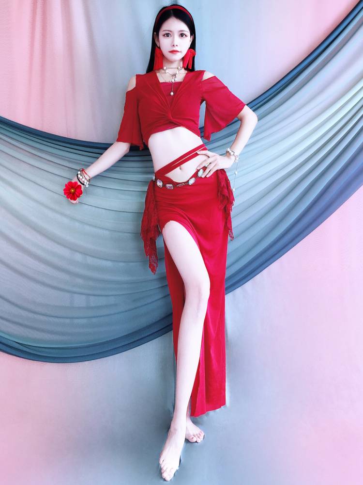 Belly Dance Practice Services Training Service Summer New Slim Limited Red Set Long Skirt Children's Performance Services Beginner