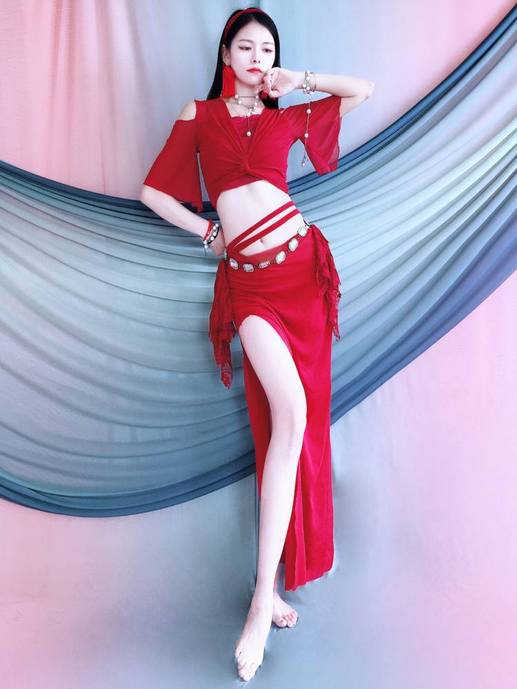 Belly Dance Practice Services Training Service Summer New Slim Limited Red Set Long Skirt Children's Performance Services Beginner