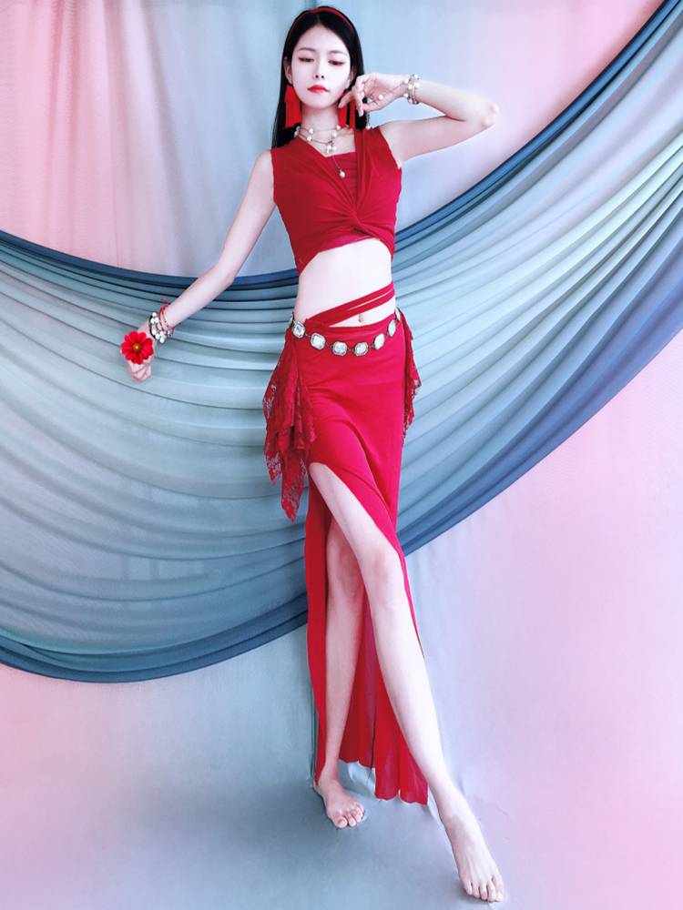 Belly Dance Practice Services Training Service Summer New Slim Limited Red Set Long Skirt Children's Performance Services Beginner