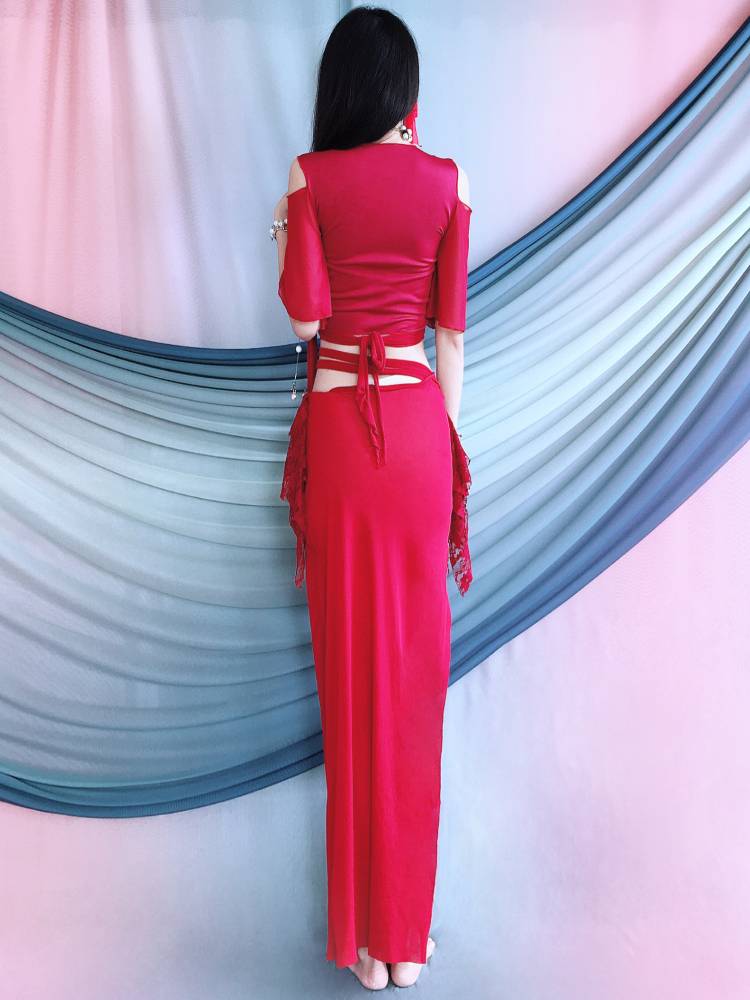 Belly Dance Practice Services Training Service Summer New Slim Limited Red Set Long Skirt Children's Performance Services Beginner
