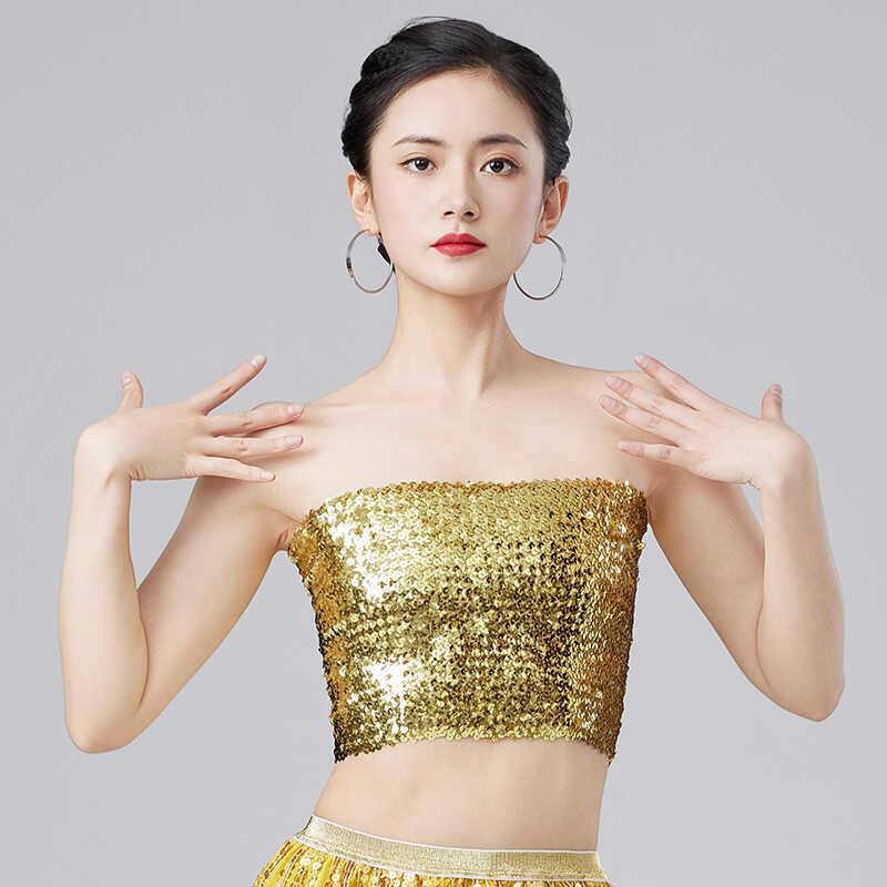 Belly dance exercises 2024 stage pretend to be sexy female sequin tube top wrapped breasts, bra, bottom nightclub steel pipe dance