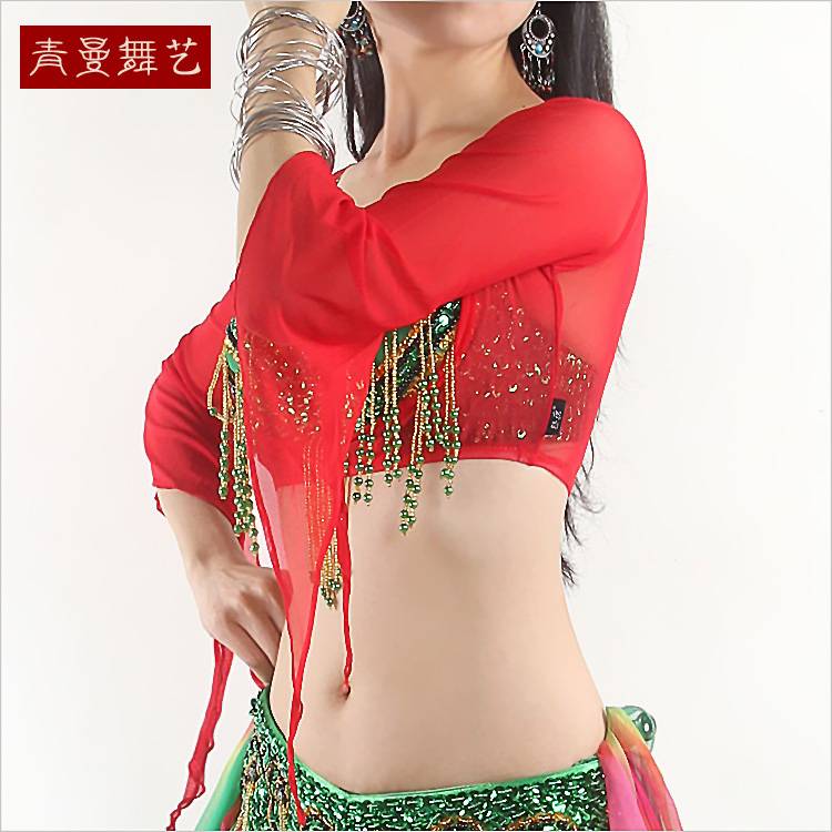 Belly dance clothing performance service autumn and winter long -sleeved square dance shawl performance clothes net gauze top text chest chest support