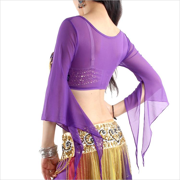 Belly dance clothing performance service autumn and winter long -sleeved square dance shawl performance clothes net gauze top text chest chest support