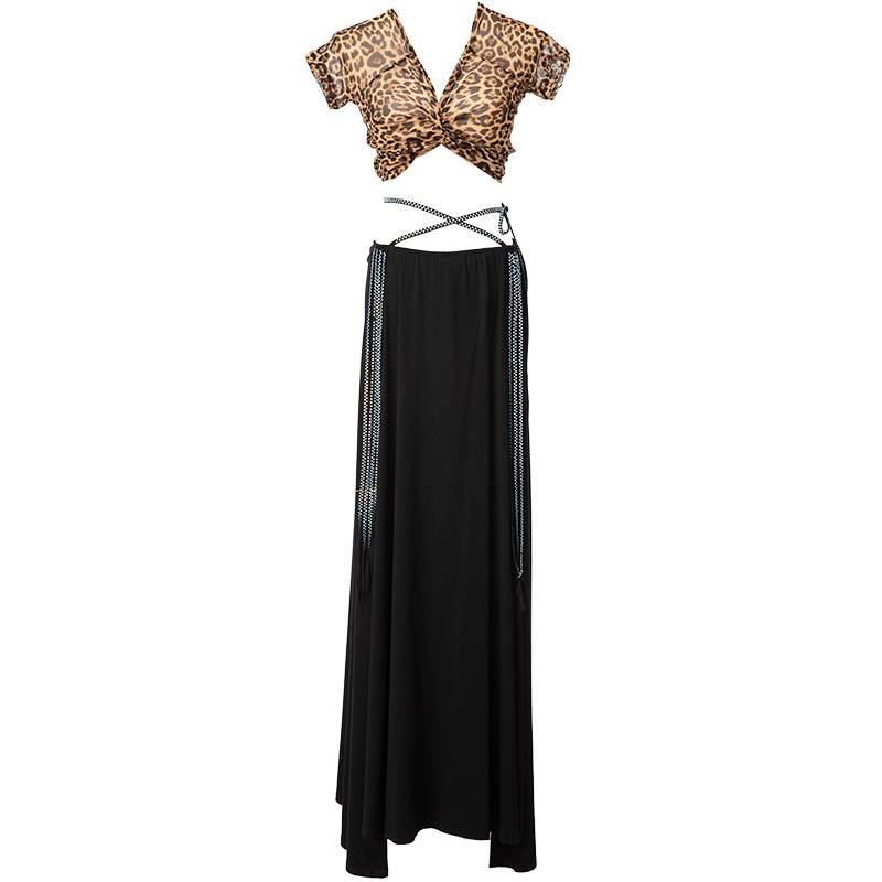 Spring and summer new belly dance training suit set large size thinner oriental dance practice uniform leopard top split skirt