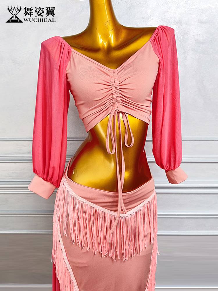 Dance posture belly dance practice service summer crystal cotton mesh lantern long -sleeved drawing rope top top long skirt suits