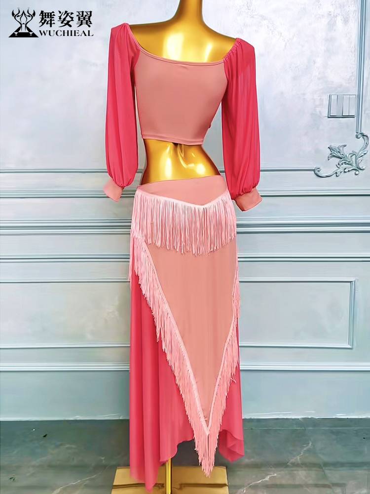 Dance posture belly dance practice service summer crystal cotton mesh lantern long -sleeved drawing rope top top long skirt suits
