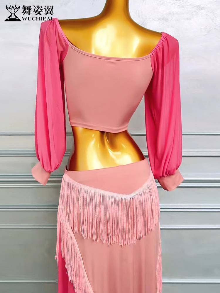 Dance posture belly dance practice service summer crystal cotton mesh lantern long -sleeved drawing rope top top long skirt suits