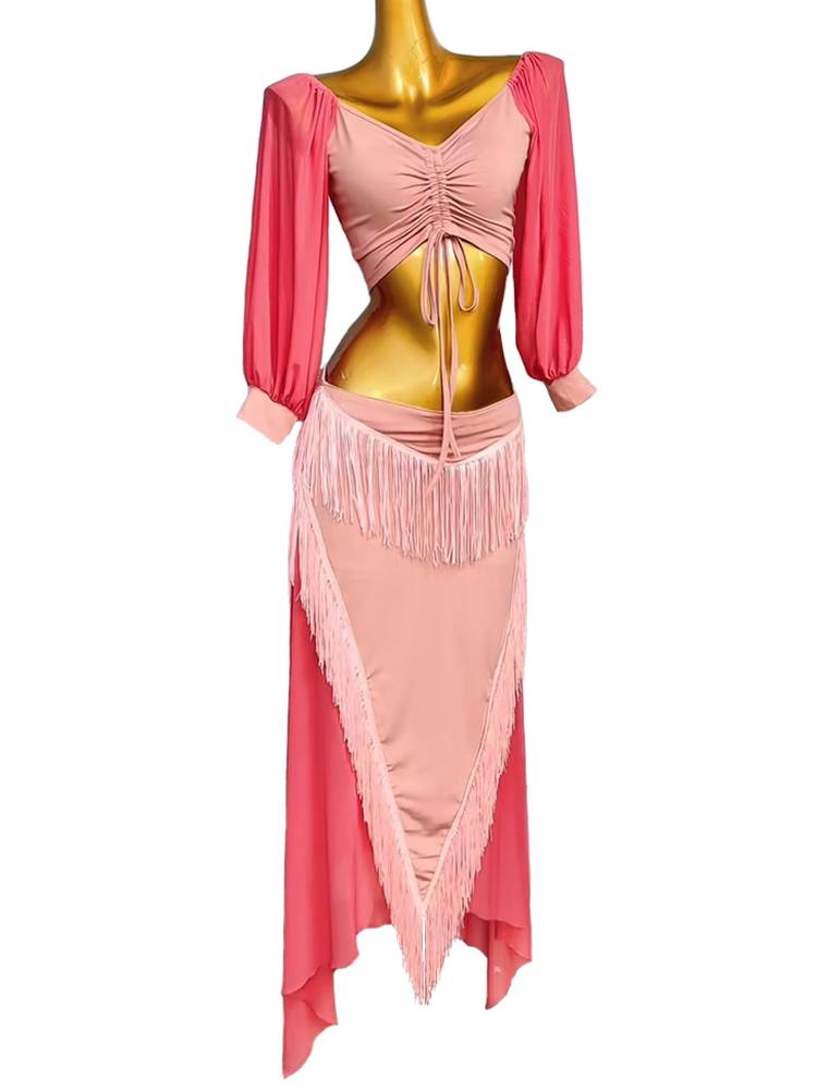 Dance posture belly dance practice service summer crystal cotton mesh lantern long -sleeved drawing rope top top long skirt suits
