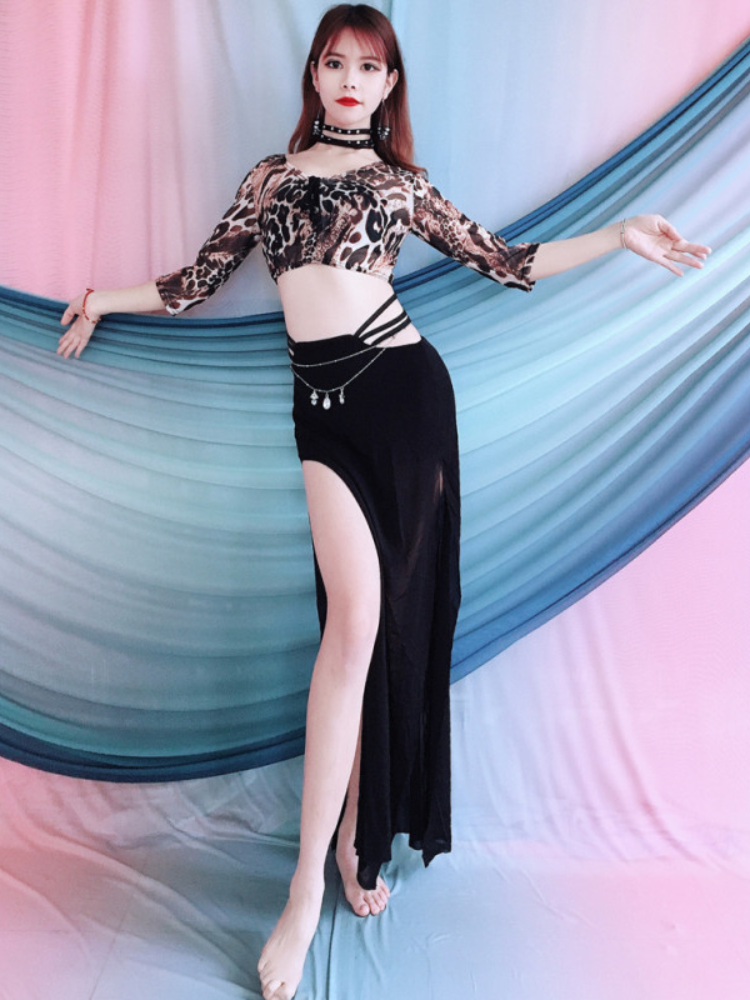 Baiya Qianhui Belly Dance 2024 New Spring Oriental Dance Practice Set Jarry Leopard Top Black Long Skirt