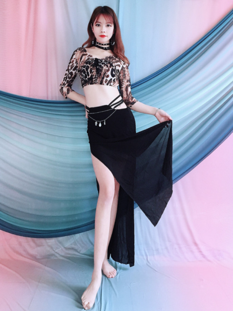 Baiya Qianhui Belly Dance 2024 New Spring Oriental Dance Practice Set Jarry Leopard Top Black Long Skirt