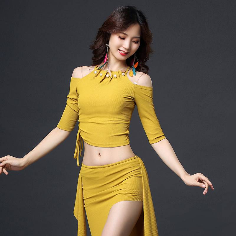 Belly dance top high elastic oriental dance Indian dance exercise clothes on the pearl performance clothing drawing drawer drawing top