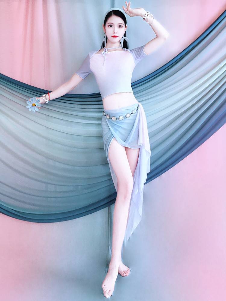 Belly dance clothes 2024 new short -sleeved top printing practice clothes hip hip -hip scarf junior learning clothing