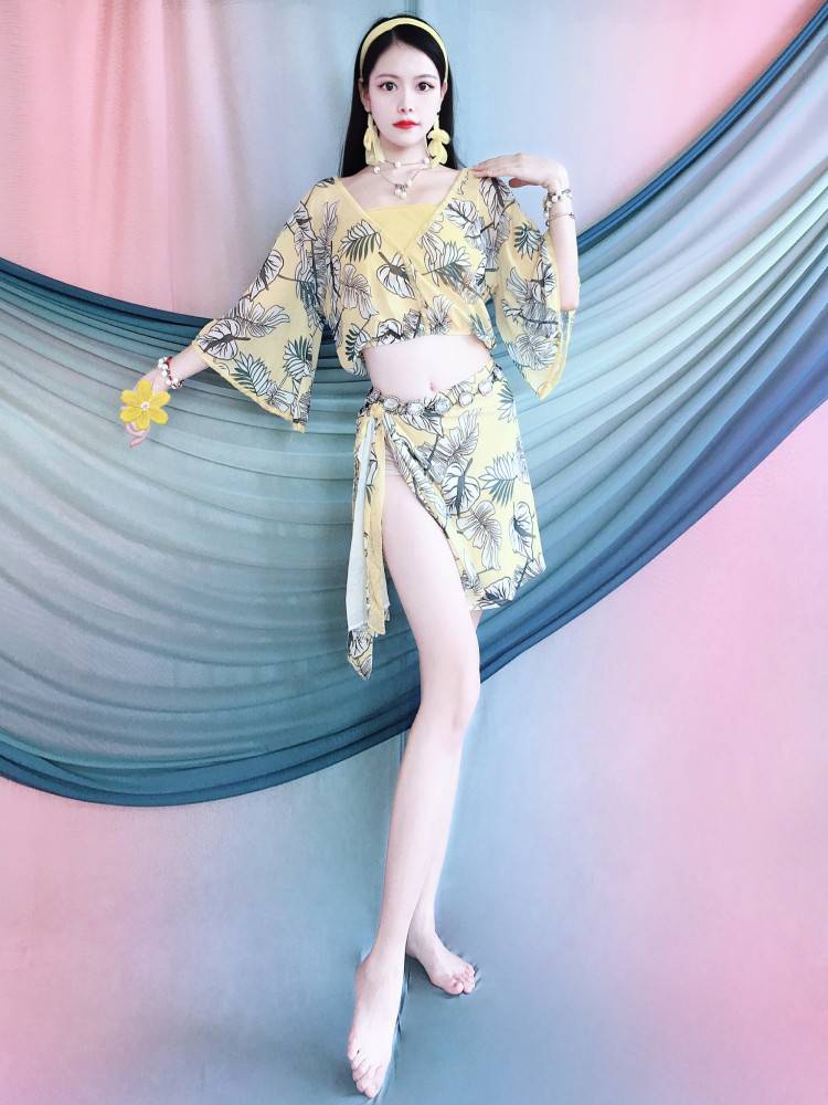Belly Dance Clothing Female Practice Service 2024 New Deep V Printing Flee Sleeve Set Oriental Dance Church Spring and Summer