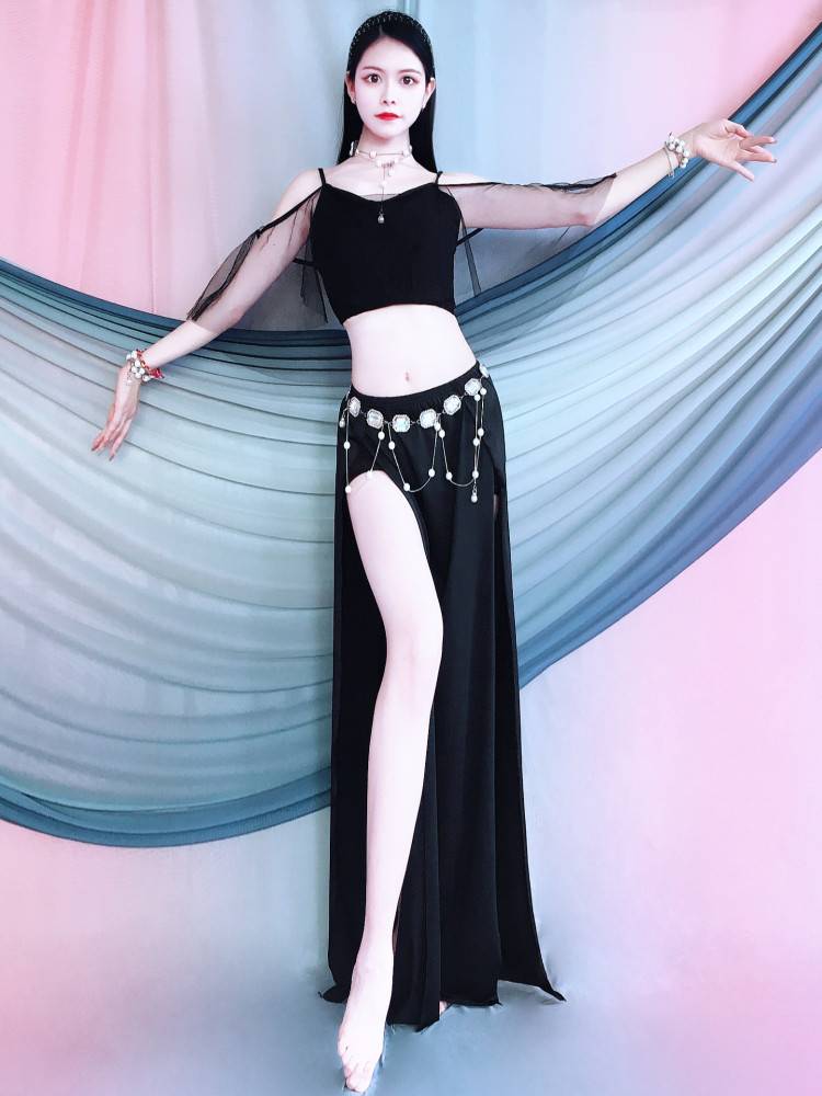 Belly dance clothing practice clothes, elegant off -the -shoulder top double split, show leg long performance set Summer children's performance suit