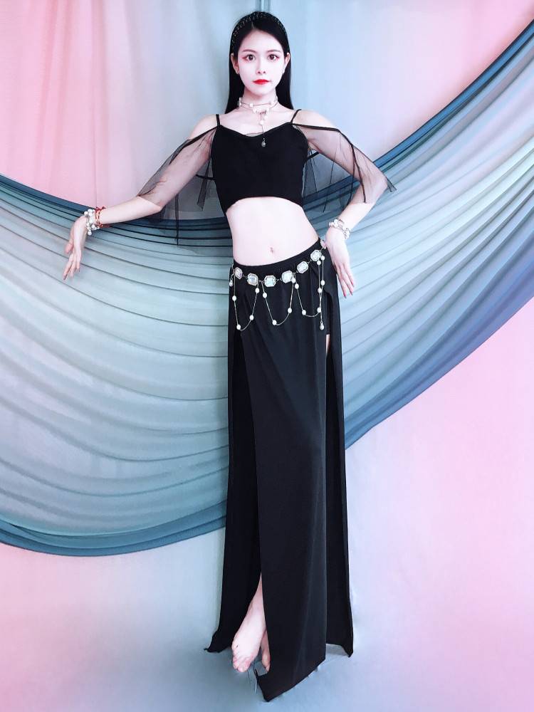 Belly dance clothing practice clothes, elegant off -the -shoulder top double split, show leg long performance set Summer children's performance suit