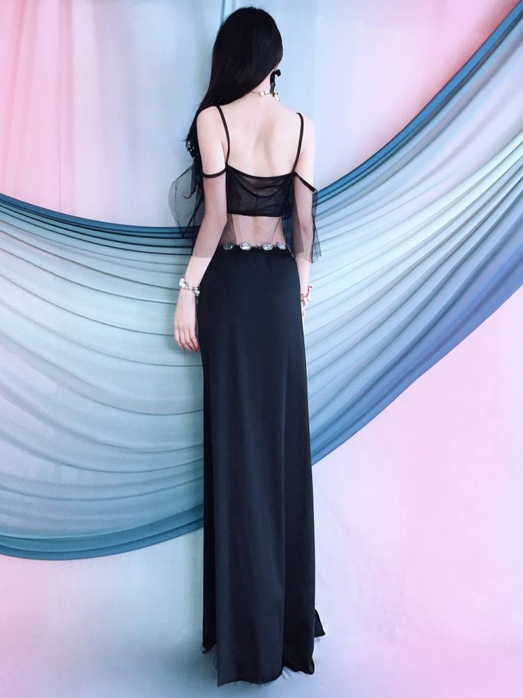 Belly dance clothing practice clothes, elegant off -the -shoulder top double split, show leg long performance set Summer children's performance suit