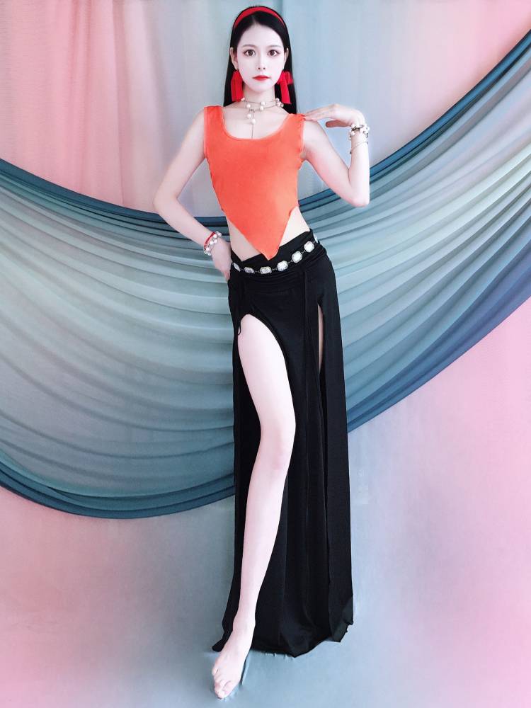 Baiya Qianhui Belly Dance Clothing 2024 New Summer Orange top Practice Dress Skirt Set Children