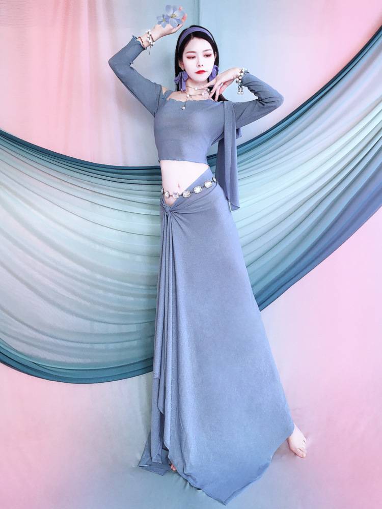 Belly dance service 2024 new blue off -the -shoulder performance dance set is thin or Oriental dance performance service children