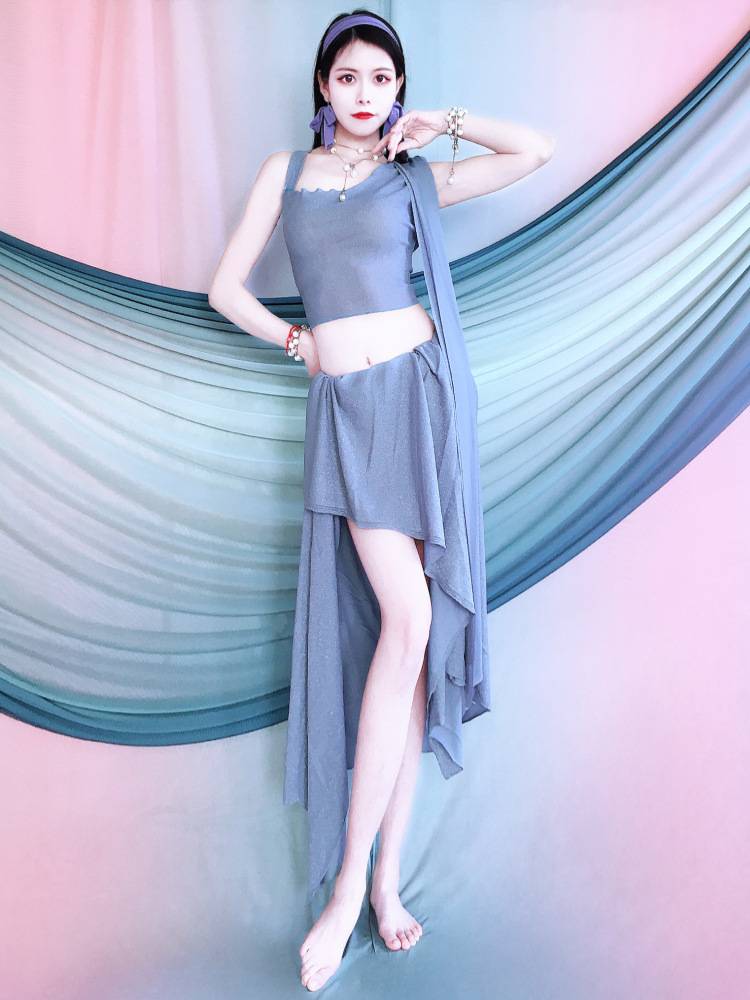 Belly dance service 2024 new blue off -the -shoulder performance dance set is thin or Oriental dance performance service children