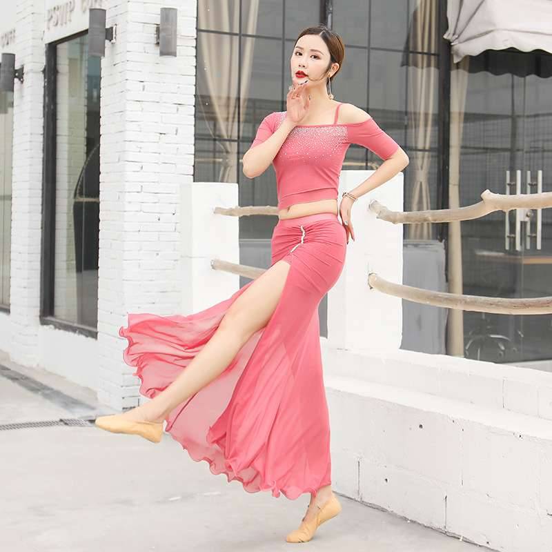 Spring and summer belly dance clothing dance suits women's net yarn fabric exposed shoulder hot drill craftsmanship beginner dance troupe performance