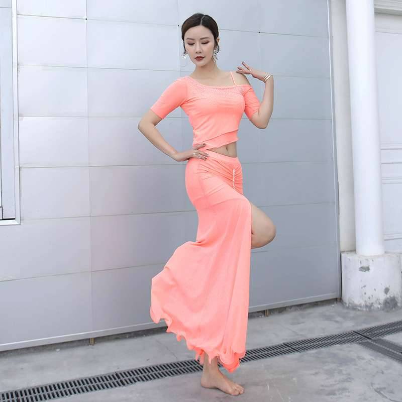 Spring and summer belly dance clothing dance suits women's net yarn fabric exposed shoulder hot drill craftsmanship beginner dance troupe performance