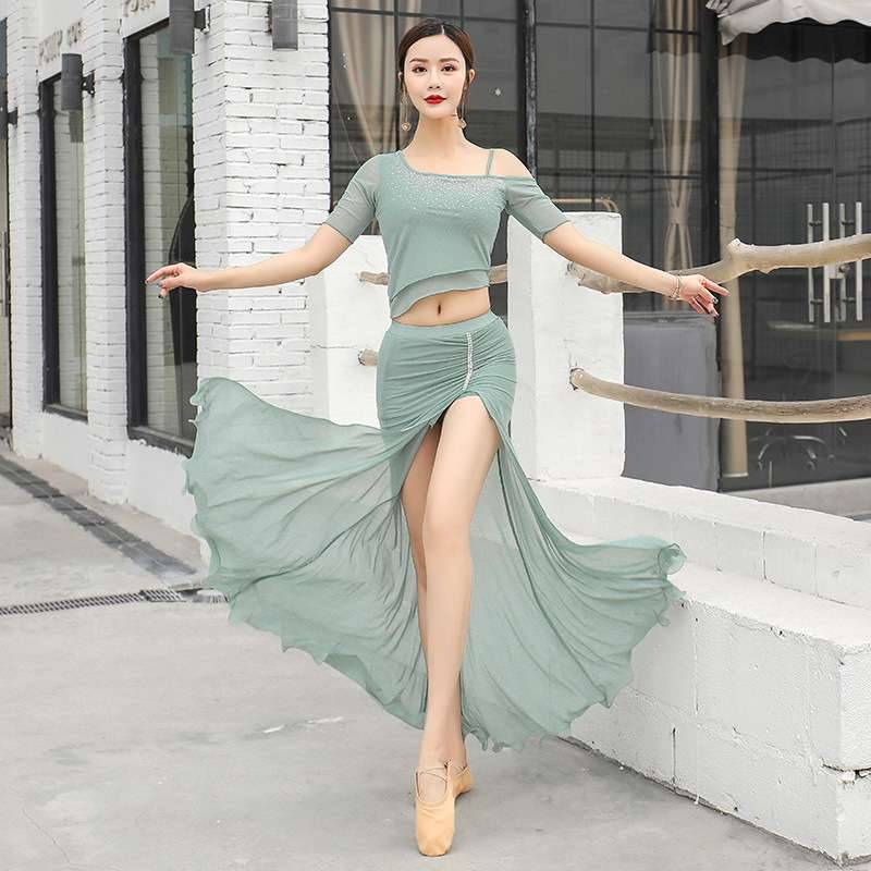 Spring and summer belly dance clothing dance suits women's net yarn fabric exposed shoulder hot drill craftsmanship beginner dance troupe performance