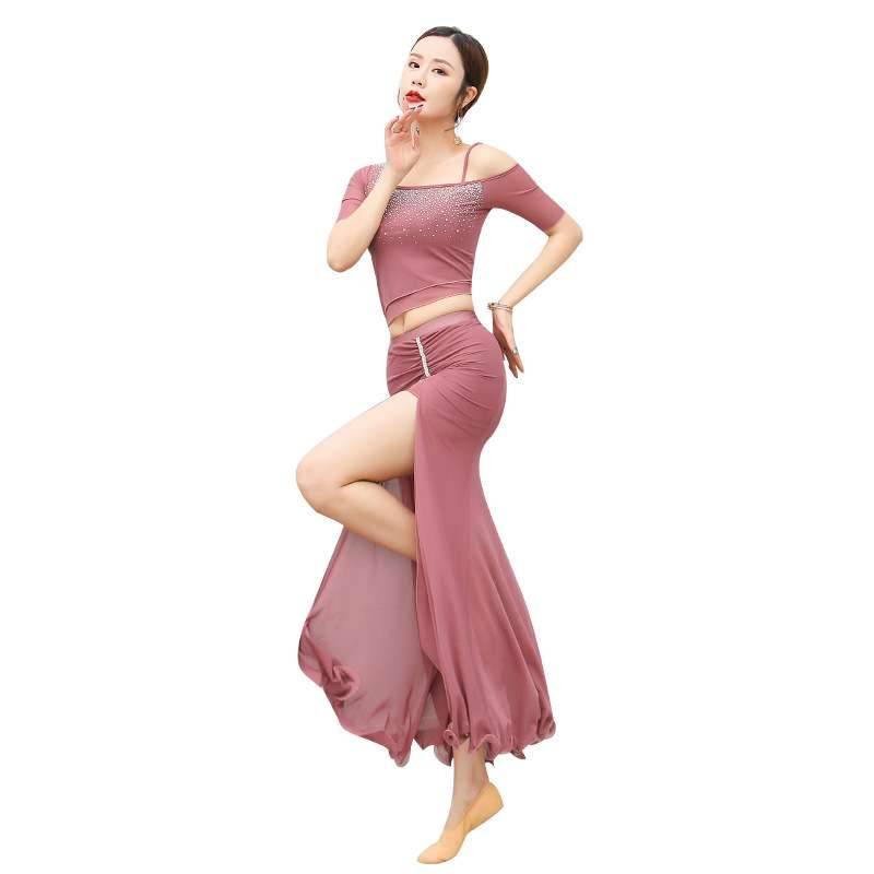 Spring and summer belly dance clothing dance suits women's net yarn fabric exposed shoulder hot drill craftsmanship beginner dance troupe performance