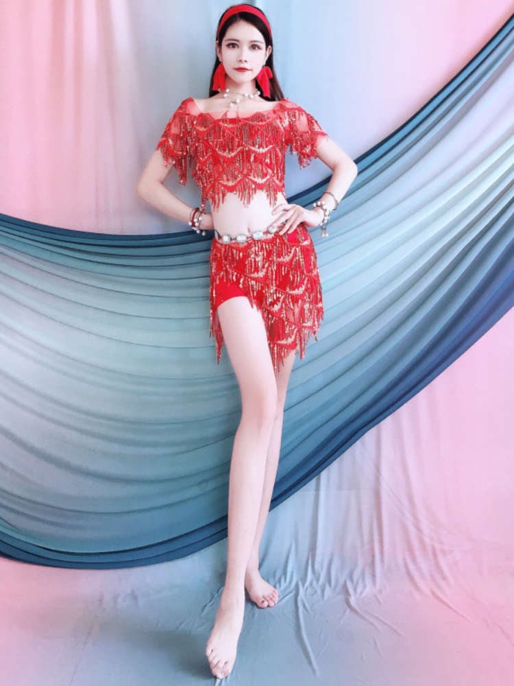 Belly dance clothes 2024 Summer red embroidered flowing sparl glutinous film Flash film performance service performance clothing group service stage