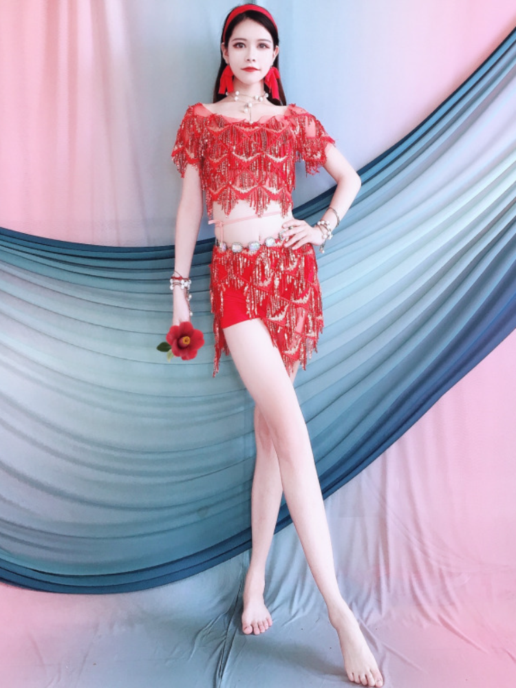 Belly dance clothes 2024 Summer red embroidered flowing sparl glutinous film Flash film performance service performance clothing group service stage
