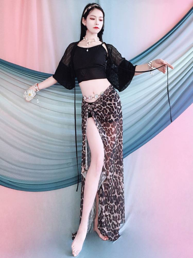 Belly dance clothing leopard pattern apron -style shoulder sleeve exercise juvenile junior scholar Oriental dance children's performance service