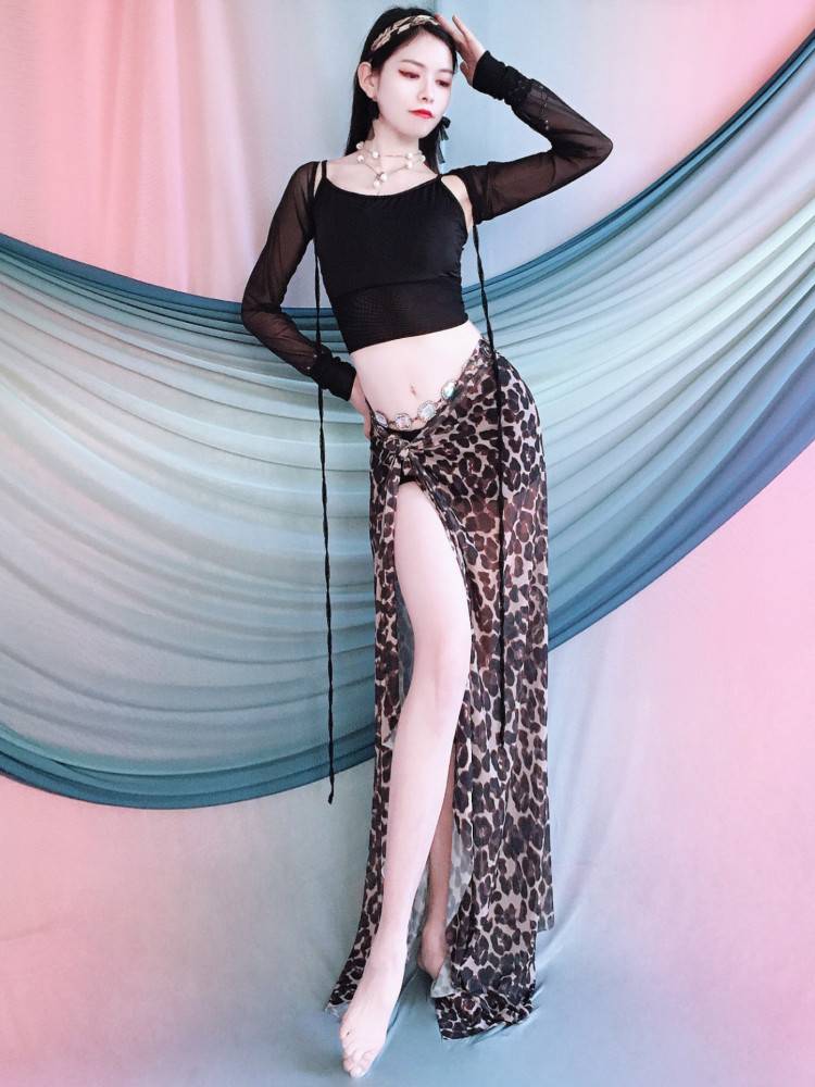 Belly dance clothing leopard pattern apron -style shoulder sleeve exercise juvenile junior scholar Oriental dance children's performance service