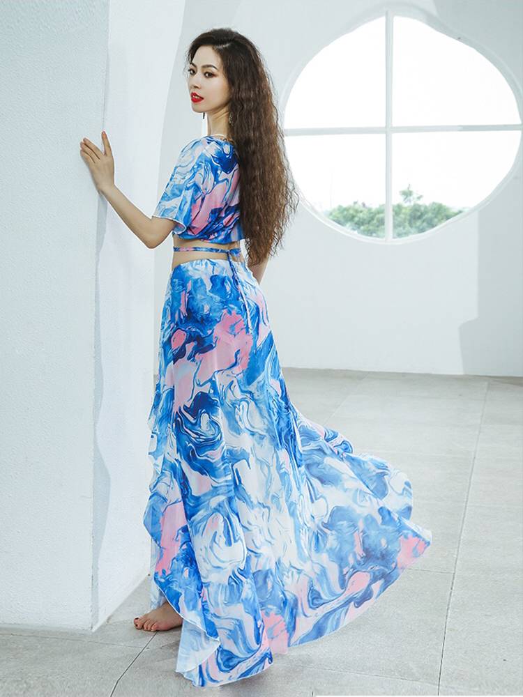 Oriental belly dance exercises 2022 new printed elegant net yarn sexy foreign fish tail skirt performance suit suits