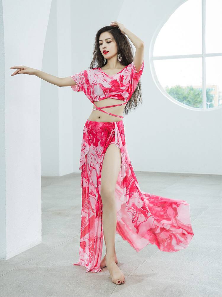 Oriental belly dance exercises 2022 new printed elegant net yarn sexy foreign fish tail skirt performance suit suits