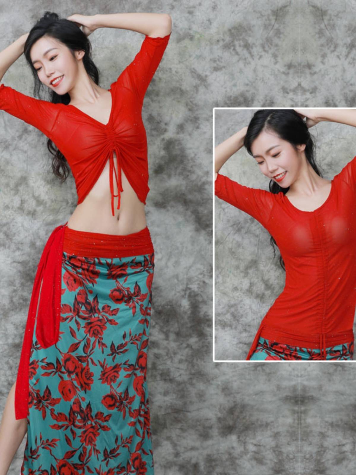 Belly dance jacket practice suit cover belly net gauze female oriental dance print sexy long skirt performance dance clothing slim