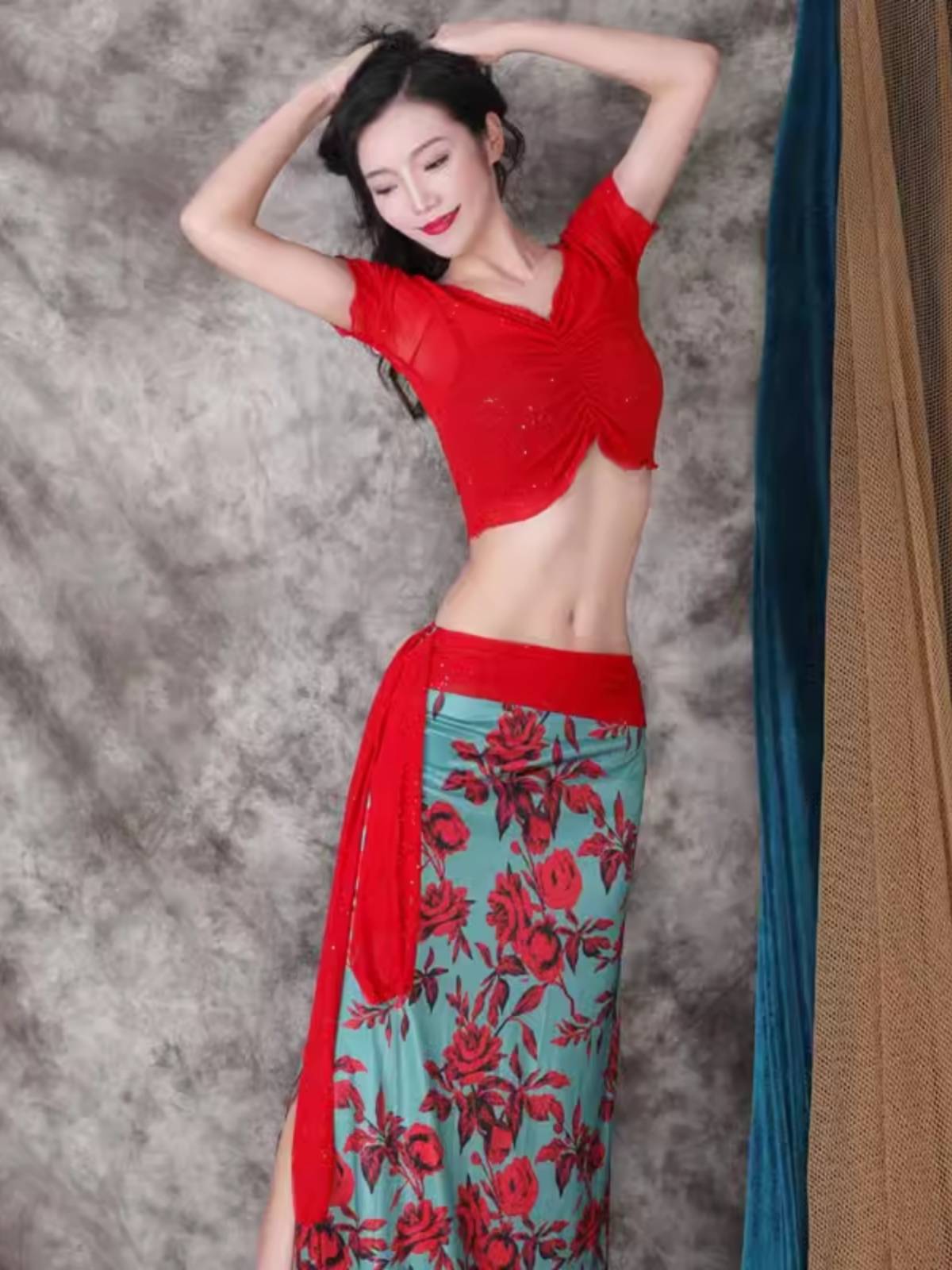 Belly dance jacket practice suit cover belly net gauze female oriental dance print sexy long skirt performance dance clothing slim