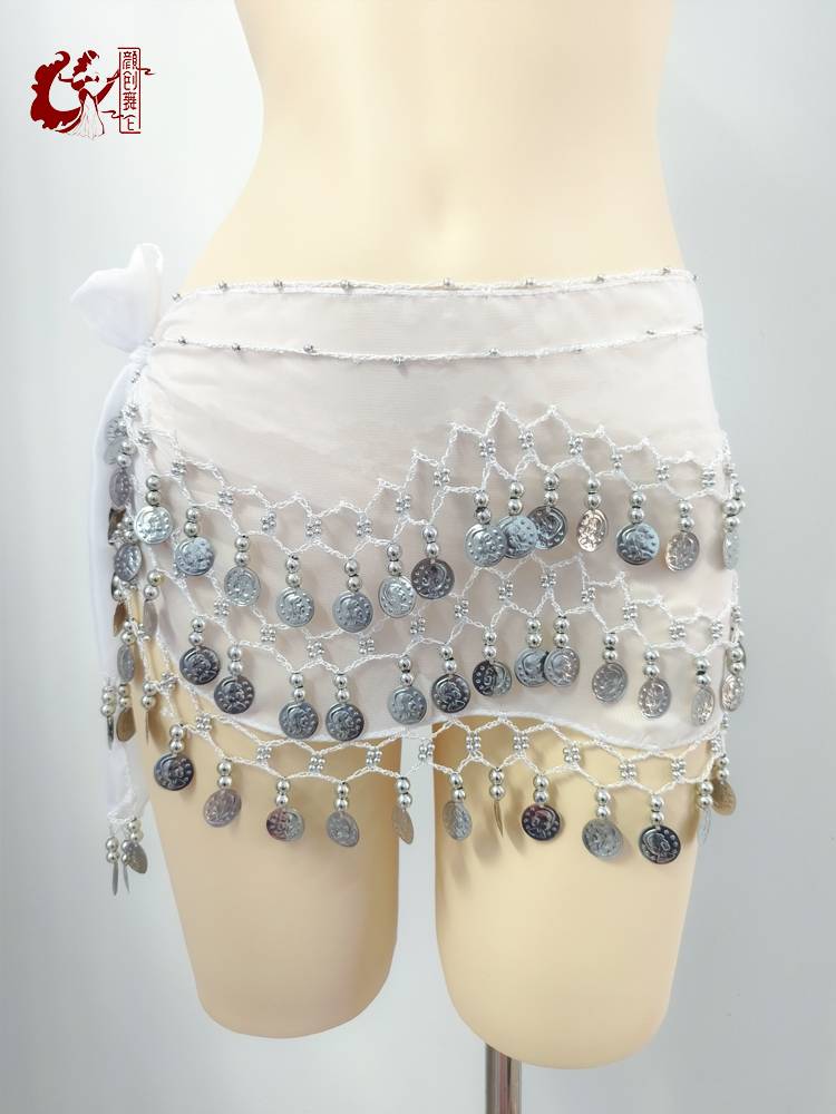 The new belly dance waist chain beginner three -layer chiffon waistband hip hipline jazz dance Smart fart 128 coin sequins
