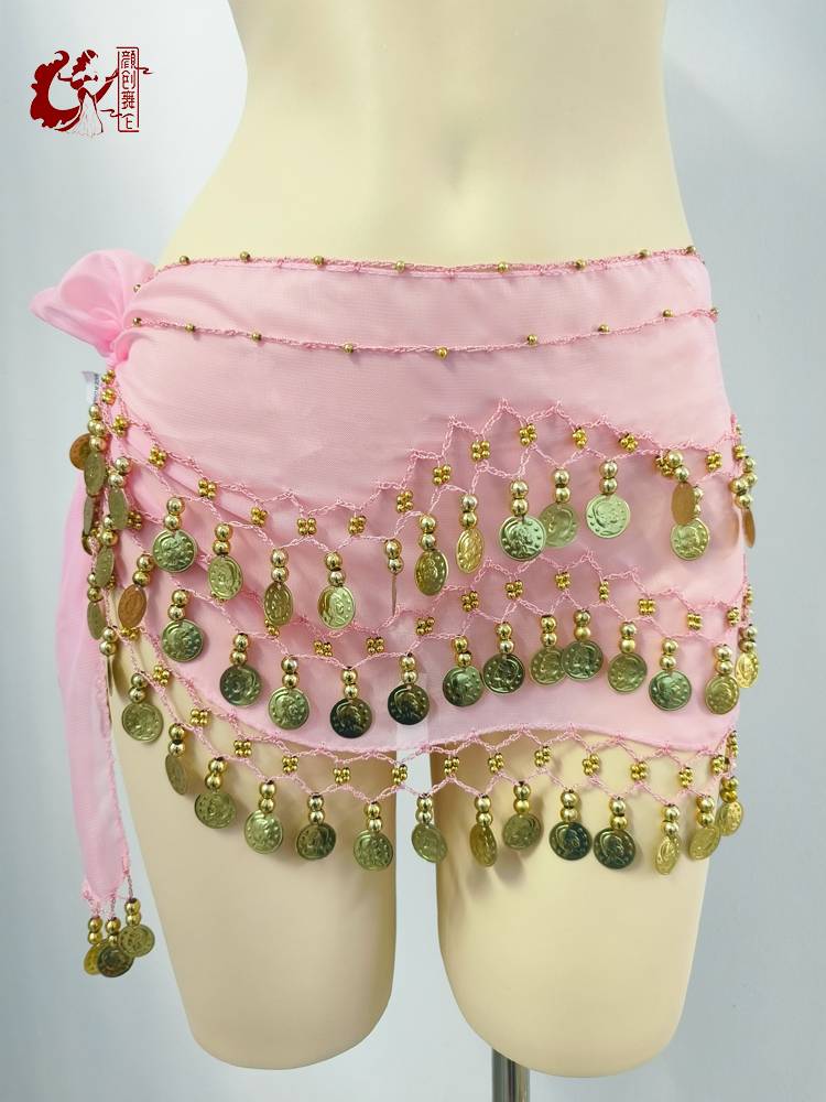 The new belly dance waist chain beginner three -layer chiffon waistband hip hipline jazz dance Smart fart 128 coin sequins