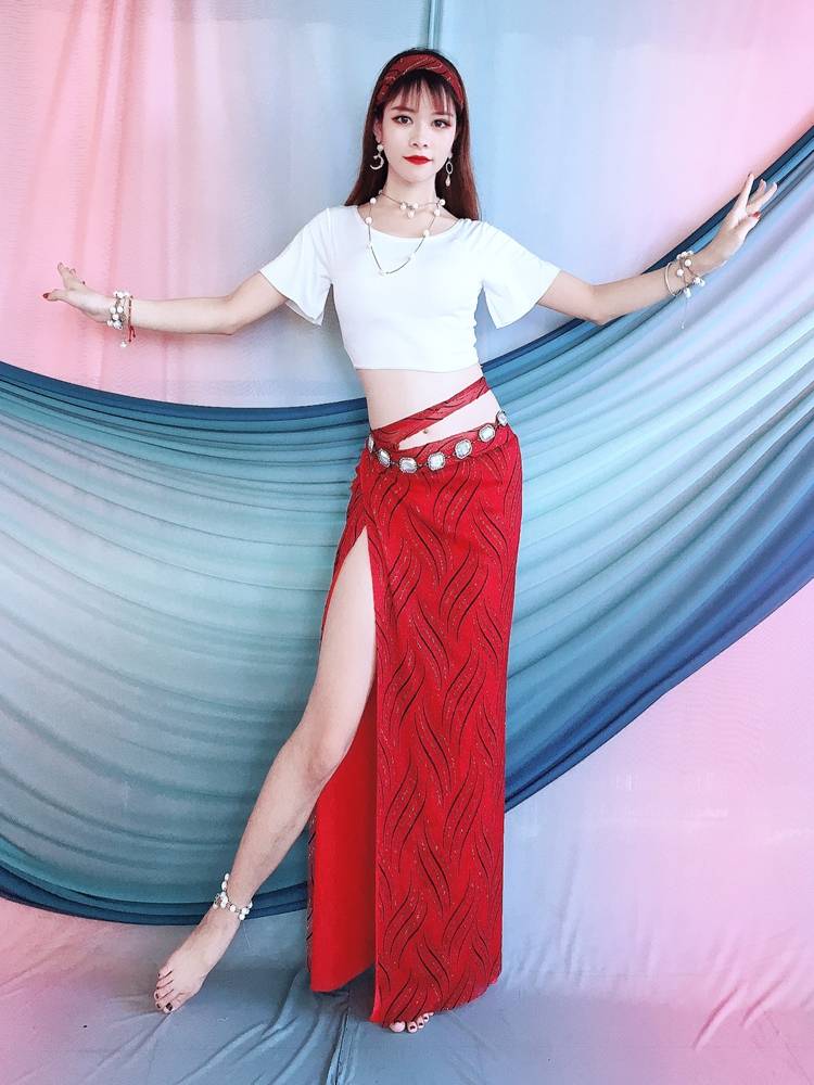 Baiya Qianhui belly dance clothing horn short -sleeved hip hipline color set color set Oriental dance dance clothes practice exercises practice service