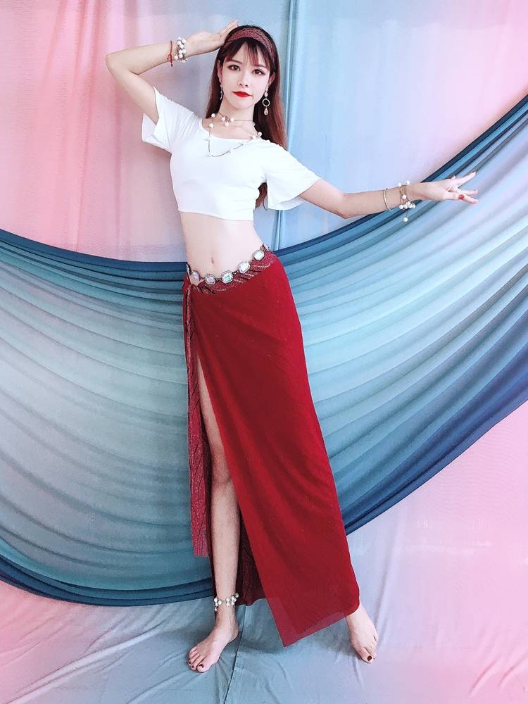 Baiya Qianhui belly dance clothing horn short -sleeved hip hipline color set color set Oriental dance dance clothes practice exercises practice service