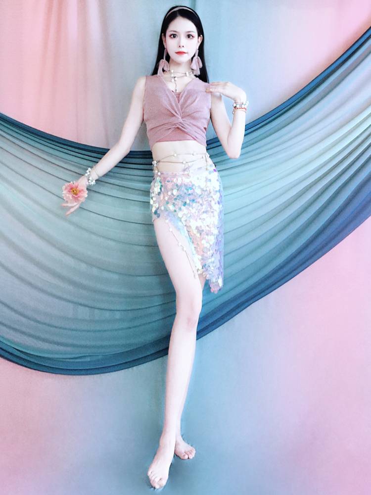 Belly dance clothing 2024 summer off -the -shoulder top beauty mermaid sequin training service performance suit set children's class clothes