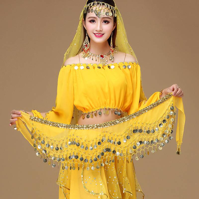 The new belly dance waist chain hip -hip scarf, Indian dance encrypted three -layer wave waistscurm, gold coin square dance waist tape