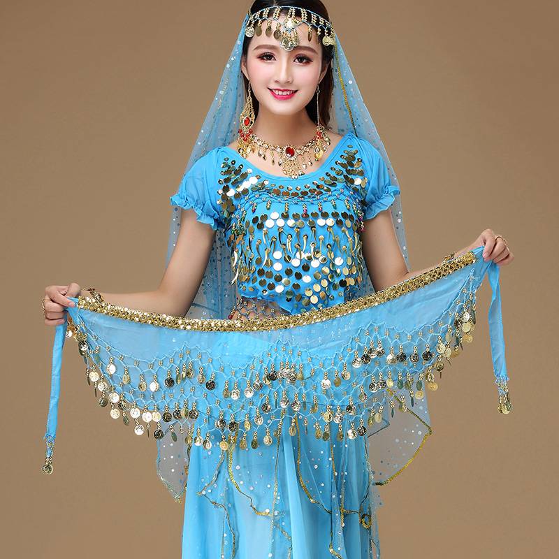 The new belly dance waist chain hip -hip scarf, Indian dance encrypted three -layer wave waistscurm, gold coin square dance waist tape