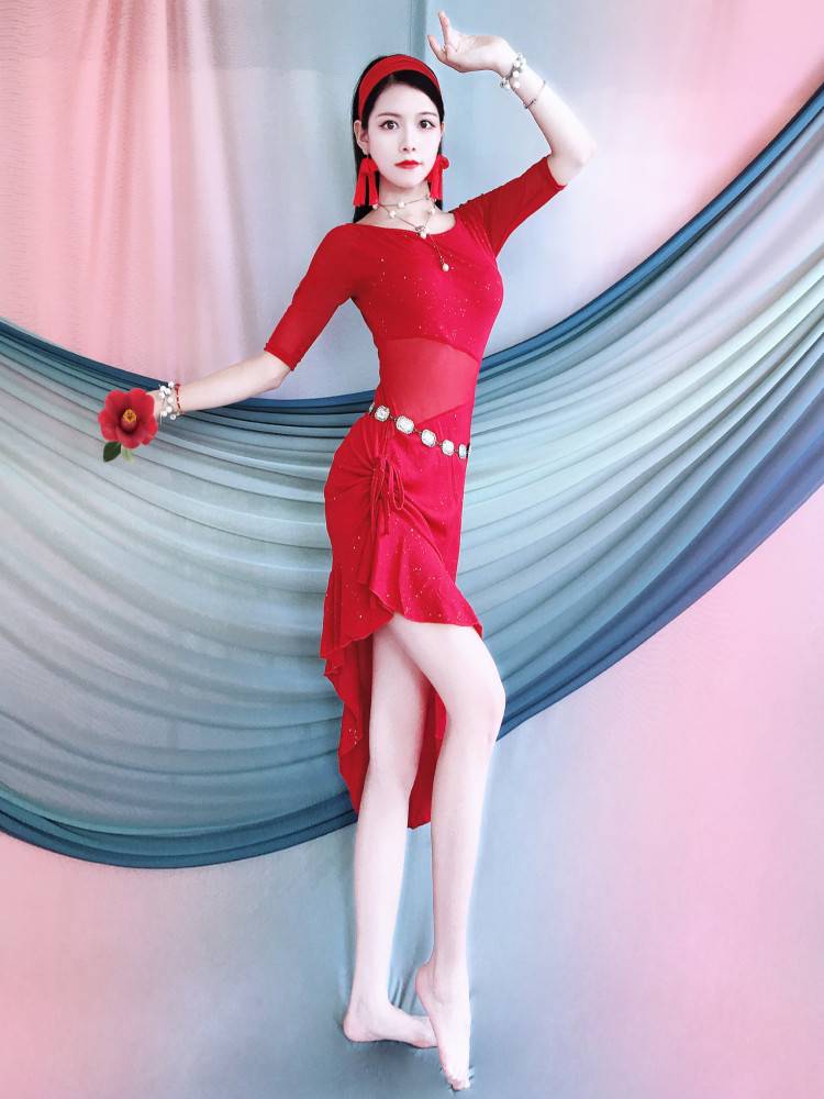 Belly dance clothing practice service 2024 new summer scholar Oriental dance service children's lotus leaf edge dress