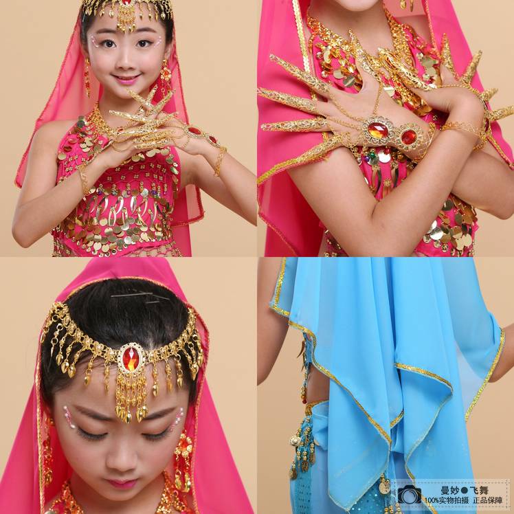 Liuyi Children's Belly Dance Headpiece Indian Dance Performance Set Accessories Earrings Nail Set Link Head Scarf