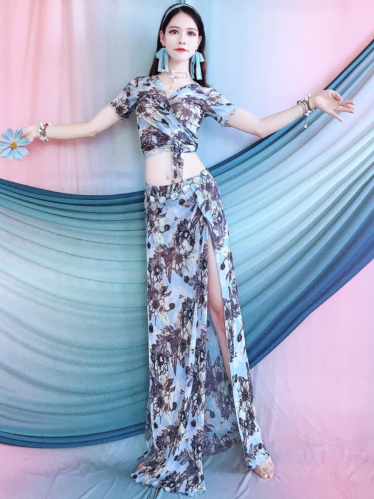 Belly Dance 2024 Summer New Leopard Vedic V -neck top high split skirt set Oriental dance exercise clothing