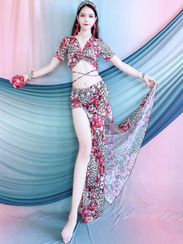 Belly Dance 2024 Summer New Leopard Vedic V -neck top high split skirt set Oriental dance exercise clothing