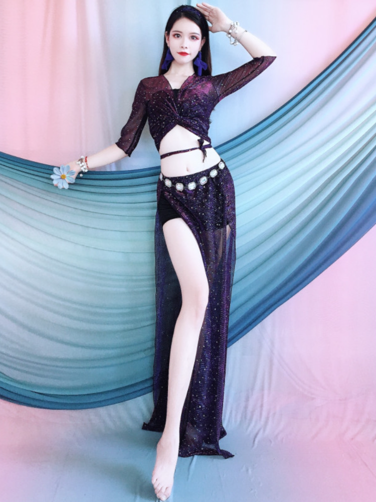 Belly Dance 2024 Summer New Leopard Vedic V -neck top high split skirt set Oriental dance exercise clothing