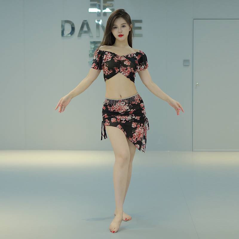 Spring and summer new water gauze printed belly dance practice performance performance set beginners Oriental dance performance short skirt