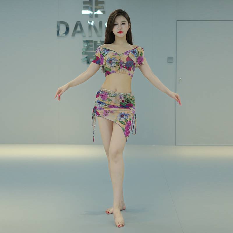 Spring and summer new water gauze printed belly dance practice performance performance set beginners Oriental dance performance short skirt
