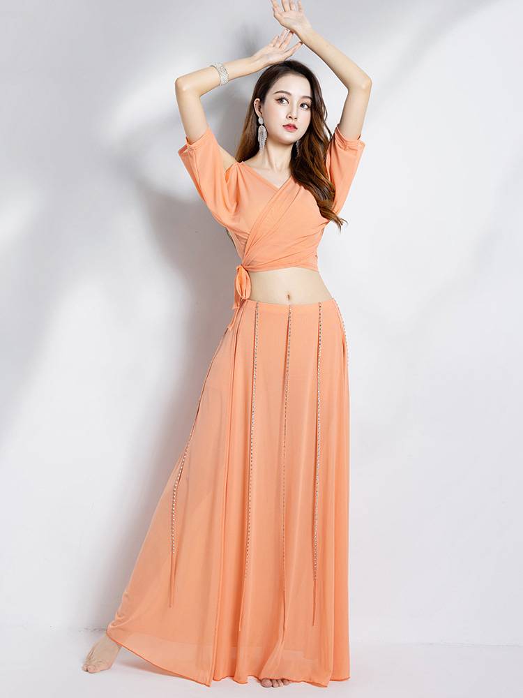 Belly Dance 2024 new set of spring and summer sleeve training suit set Oriental dance performance service long skirt net yarn dance service